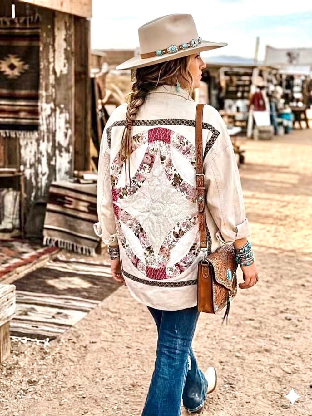 Upcycled Quilt-Back Cream Women’s cream denim Jacket with Floral Patchwork